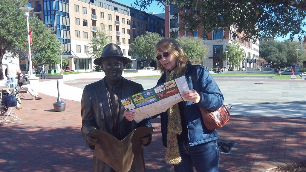 Author, Nicole Dickson, with statue of Johnny Mercer